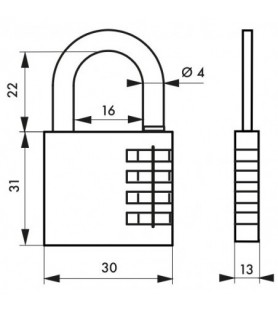 Kłódka szyfrowa VENUS 30 mm, zmienny szyfr | Thirard - rysunek techniczny